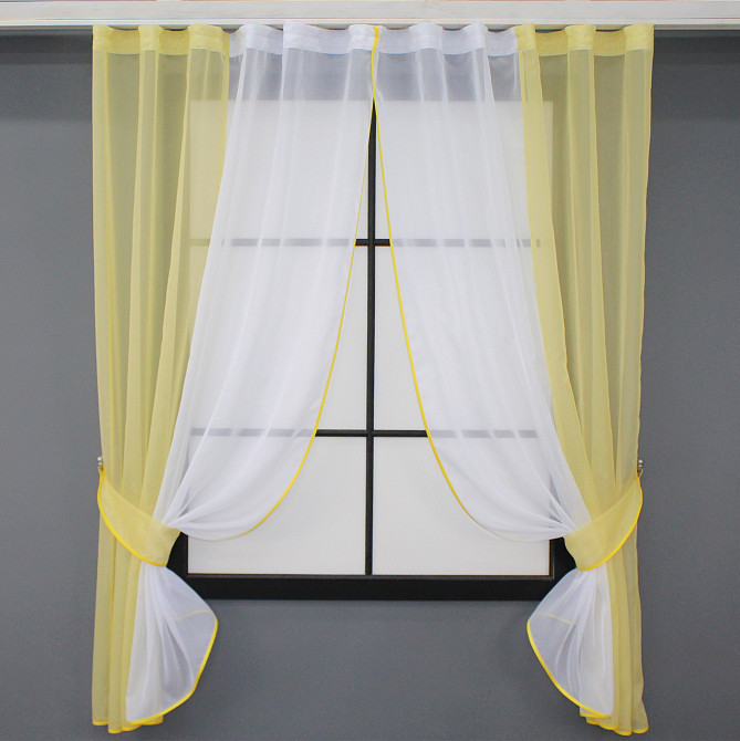 Кухонні штори VR-Textil № 017к комбіновані з підв'язками жовтий з білим 265х170 см (50-081) Киев - изображение 1