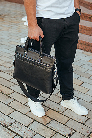 Шкіряна чоловіча ділова сумка-портфель чорна Tiding Bag 30987 Кам'янське - фото 9