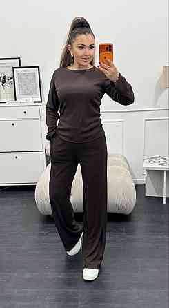 Женский базовый костюм двойка: лонгслив и штаны трикотажный рубчик Шоколадный, 50/52 Одесса