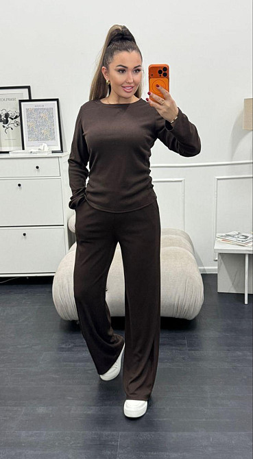 Жіночий базовий костюм-двійка: лонгслів і штани трикотажний рубчик Шоколадний, 50/52 Одеса - фото 3