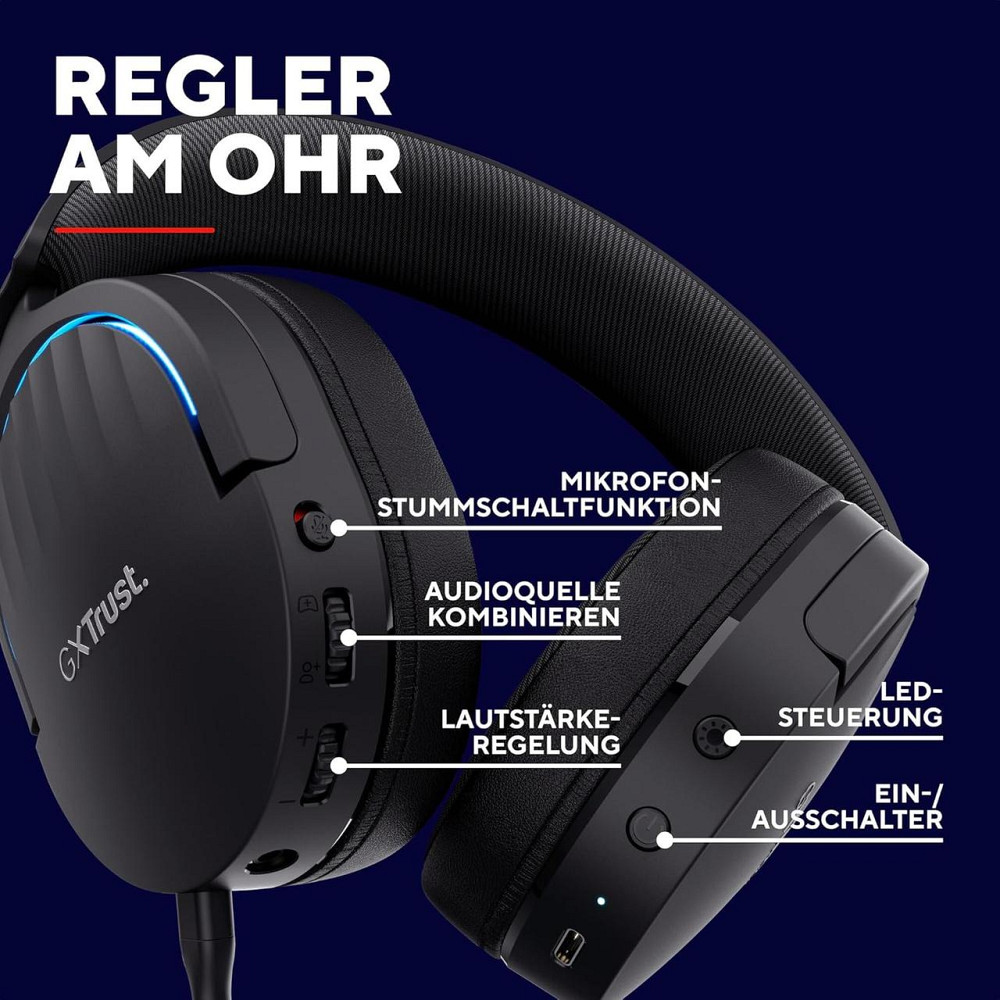 Беспроводная игровая гарнитура Trust, Bluetooth+2,4 ГГц, с RGB подсветкой, компьютерные накладные наушники Киев - изображение 3