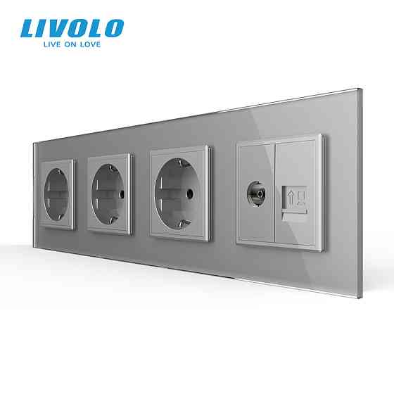 LIVOLO Розетка чотиримісна комбінована Силова Інтернет ТБ Livolo сірий скло (VL-C7C3EU1C1V-15) Коломия