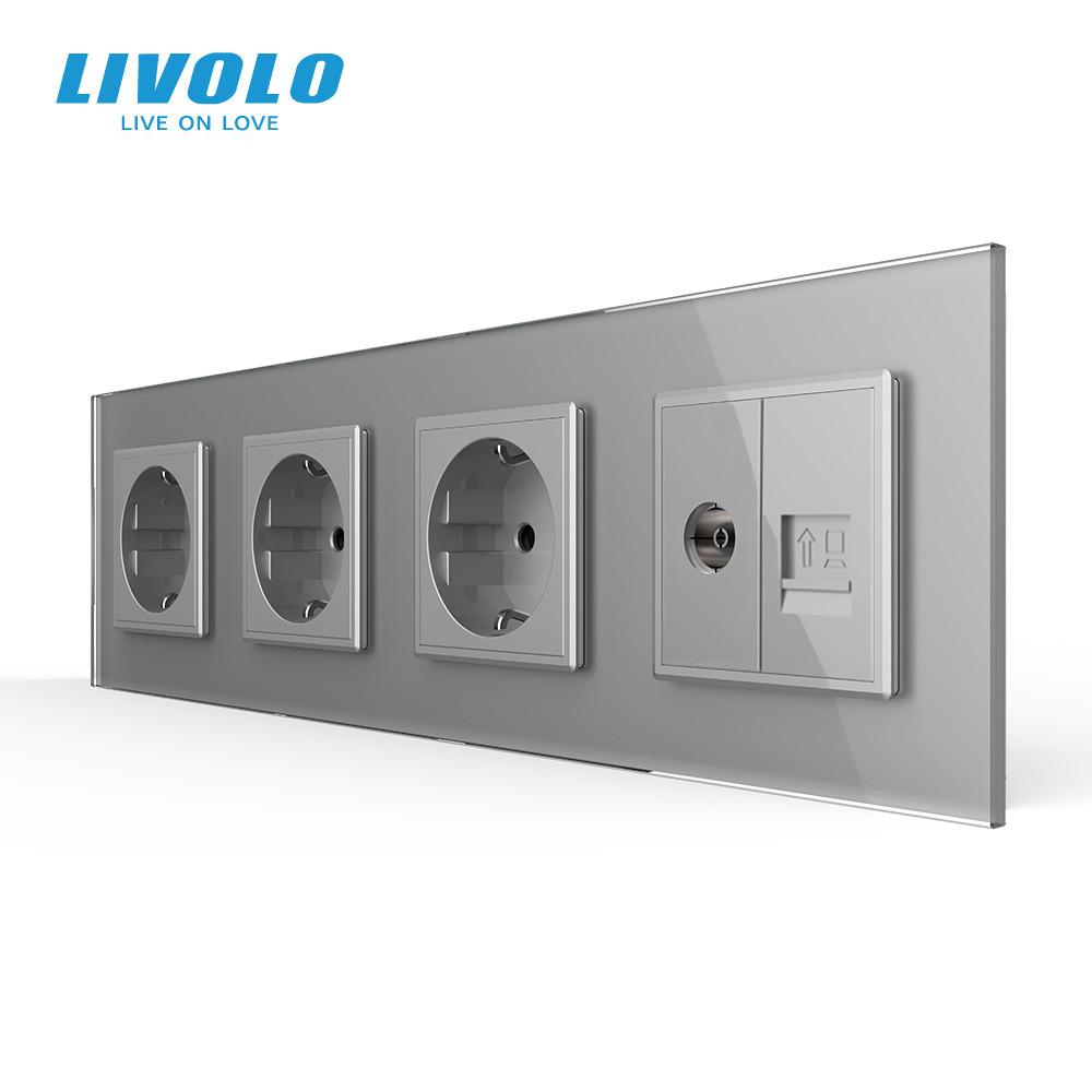LIVOLO Розетка чотиримісна комбінована Силова Інтернет ТБ Livolo сірий скло (VL-C7C3EU1C1V-15) Коломия - фото 1