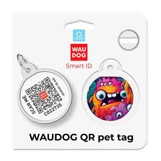 Адресник для собак і котів металевий WAUDOG Smart ID з QR паспортом, малюнок "Зубасті монстри", коло, Д 25 мм Київ