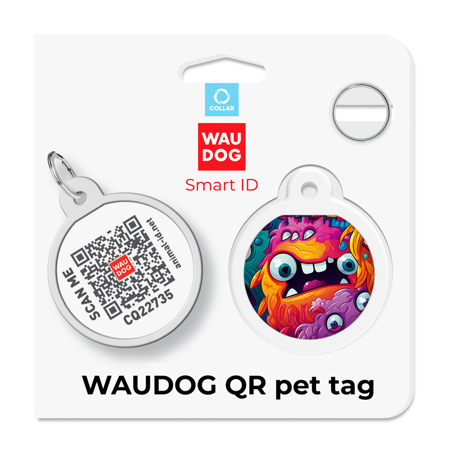 Адресник для собак і котів металевий WAUDOG Smart ID з QR паспортом, малюнок "Зубасті монстри", коло, Д 25 мм Київ - фото 5