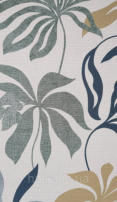 Шпалери вінілові на флізеліні Grandeco Universe метрове листя монстери сині зелені жовті на молочному Київ - фото 2