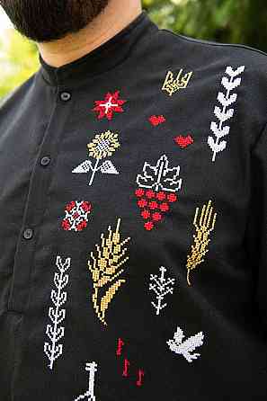 Вишиванка чоловіча, короткий рукав, чорна льон топ Київ