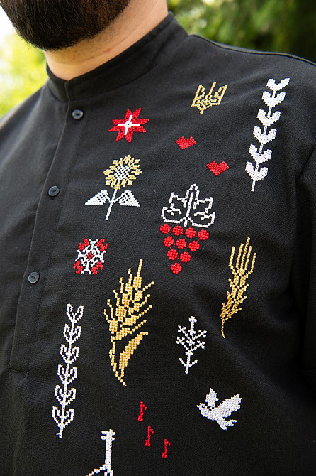 Вишиванка чоловіча, короткий рукав, чорна льон топ Київ - фото 2