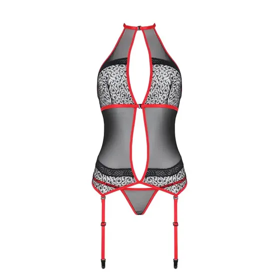 Корсет з пажами Passion SATARA CORSET XXL/XXXL red, стрінги, мереживо, застібки спереду та ззаду Львов