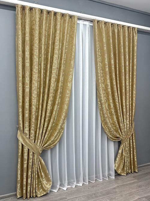 Комплект готовых штор VR-Textil Жаккард Вензель № 091ш Золотистый 100х290 см 2 шт (31-058) Киев - изображение 11