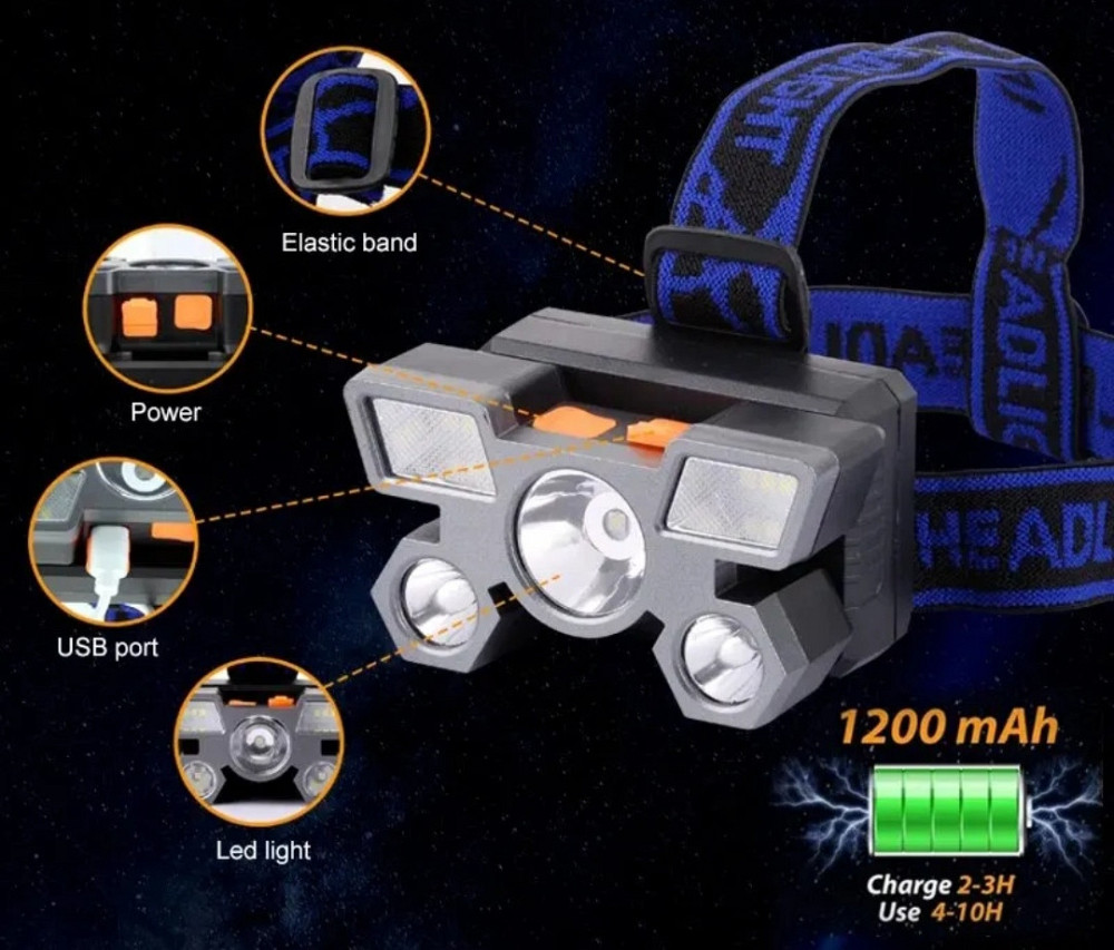 Налобный фонарик на аккумуляторе 5 led с зарядкой USB 4 режима черный Киев - изображение 10