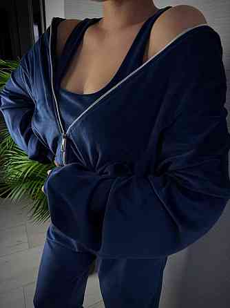 Женский стильный повседневный плюшевый костюм тройка Синий, 46/48 Одесса