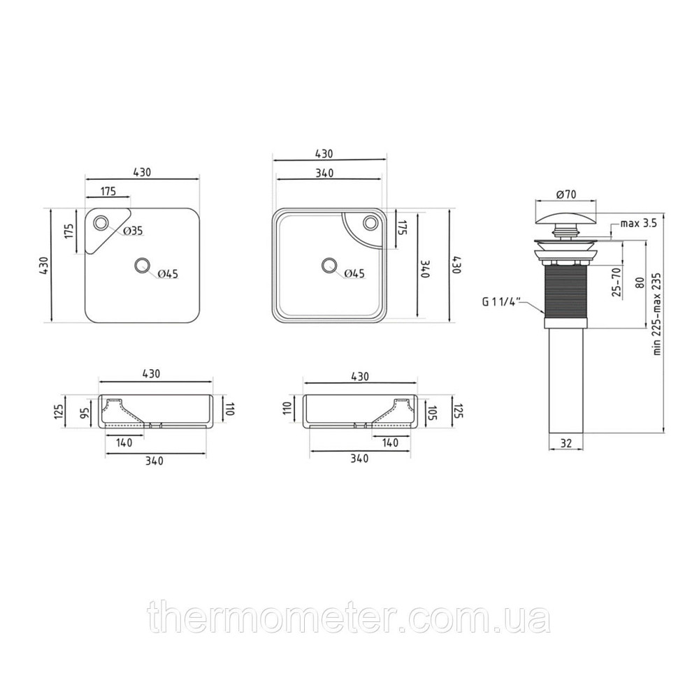 Комплект Qtap Stork: Раковина накладная квадратная 430x430x125 мм White + Донный клапан PU02 Киев - изображение 16