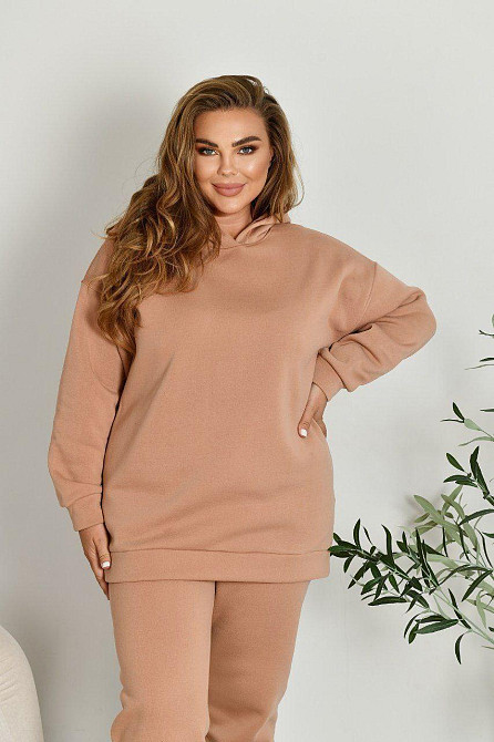 Женский прогулочный костюм: худи и штаны батал в спортивном стиле трехнитка на флисе Беж, 56/58 Одесса - изображение 5