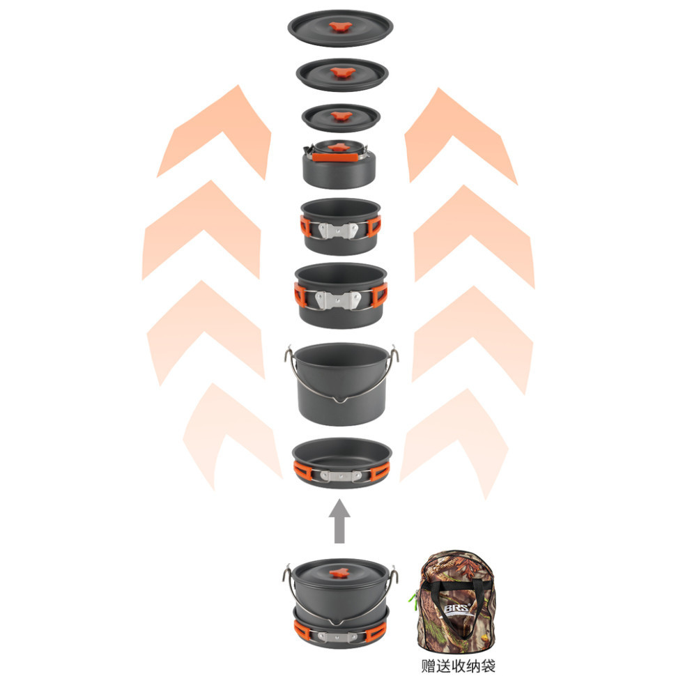 Набір туристичного посуду (2 каструлі з кришкою, котелок, сковорідка, чайник, 6 тарілок, ложка, черпак та губка) BRS-157, алюміній Київ - фото 3