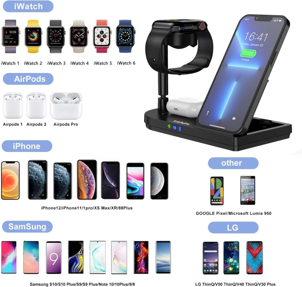 Бездротова зарядна станція 4 в 1 Fast Wireless Charger (15 Вт, MagSafe складний дизайн, LED-підсвічування) для iPhone, Apple Watch Київ - фото 9