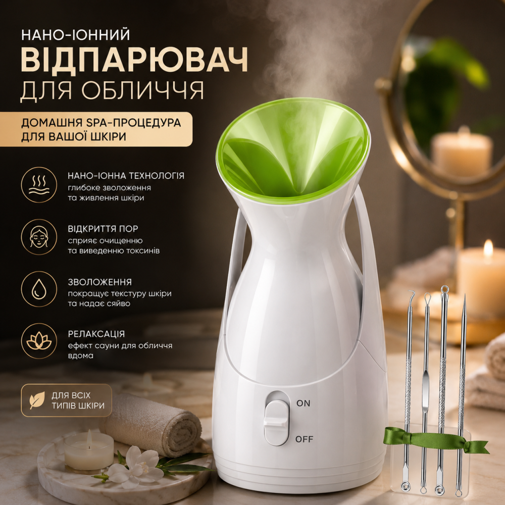 Нано-іонний відпарювач для обличчя Lonove Facial Ionic Steamer, домашня SPA-сауна з набором для чищення пор Київ - фото 1