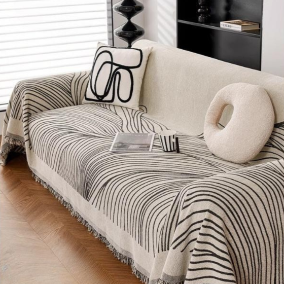 Плед покрывало на диван или кровать,чехол накидка 180х230 см для мягкой мебели, бежевий в серую полосу Каменец-Подольский