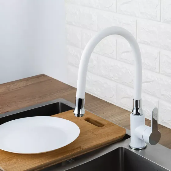 Смеситель для кухни Frap F4041 с гибким изливом, белый/хром Киев