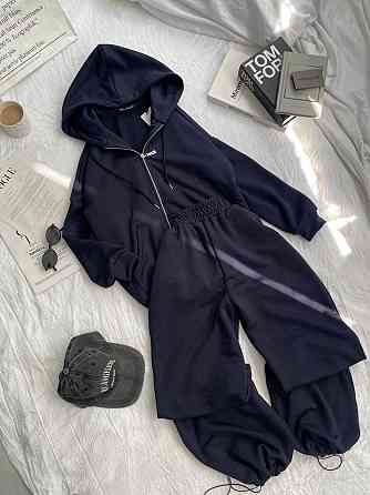 Женский прогулочный оверсайз костюм: кофта на молнии и штаны турецкая трехнить петля Темно-синий Одесса