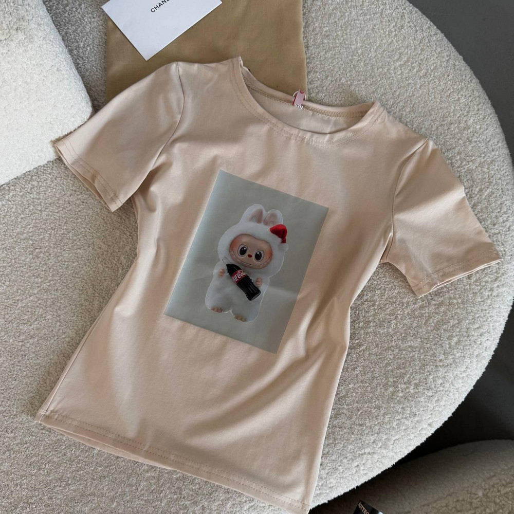 Жіноча стильна футболка з накатом LaBuBí турецький кулір Беж Одеса - фото 1