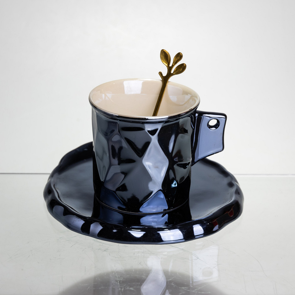 Yiwu Чашка порцелянова для кави 200 (мл) з блюдцем і ложкою, гарна чашка в подарунок Чорний FM- Коломия - фото 1