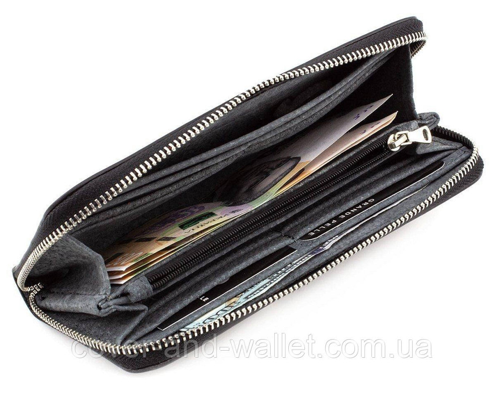 Большой качественный черный кошелёк на молнии Grande Pelle Киев - изображение 3