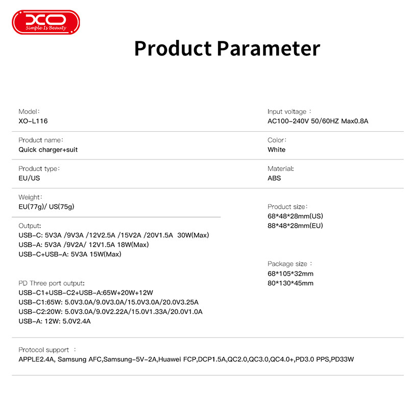Мережевий зарядний пристрій XO L116 PD30W/QC18W1USB-C+1USB-A білий Львів - фото 8