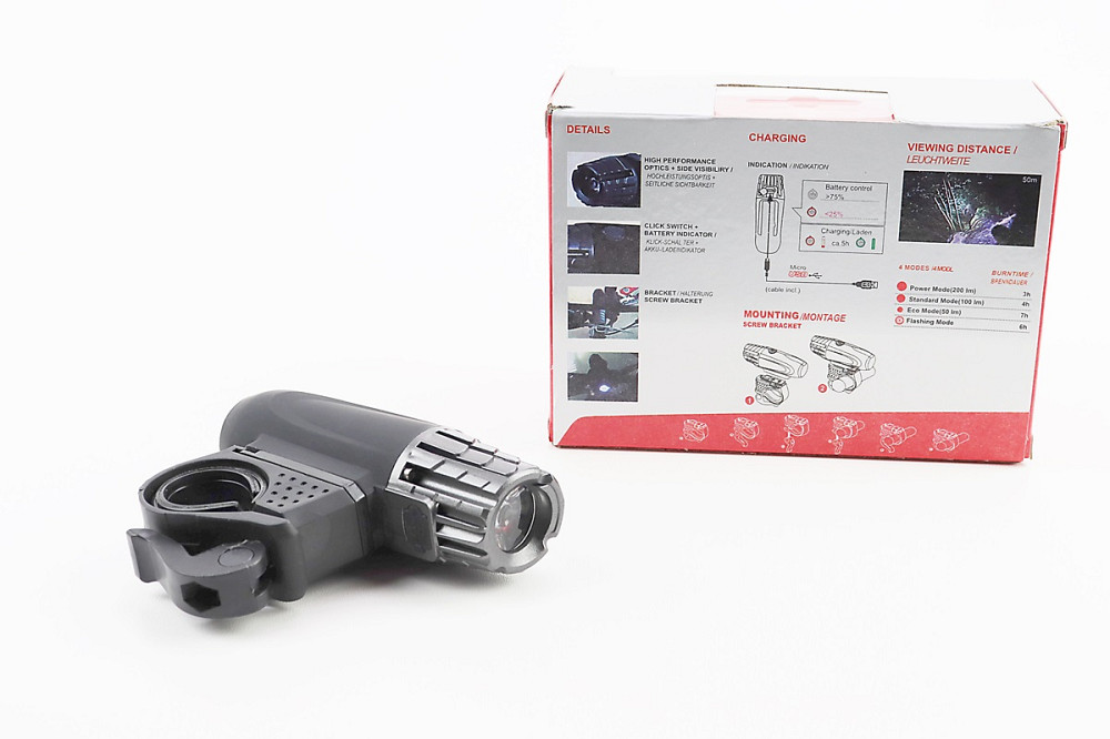 Ліхтар передній 1 діод 200 lumen, Li-ion 3.7V 1200mAh зарядка від USB, вологозахисний, чорно-сірий Киев - изображение 2