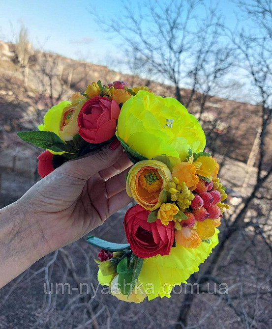 Жовто-червоний віночок Обідок обруч з квітами Піони великий Кривий Ріг - фото 4