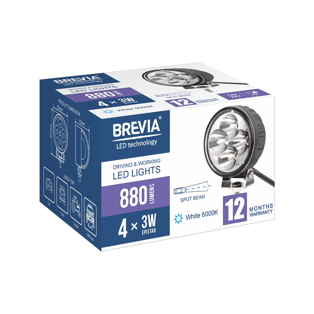 Фара светодиодная Brevia Epistar Spot 10-30V, 12W (4x3W), 880Lm, 1шт Львов - изображение 7