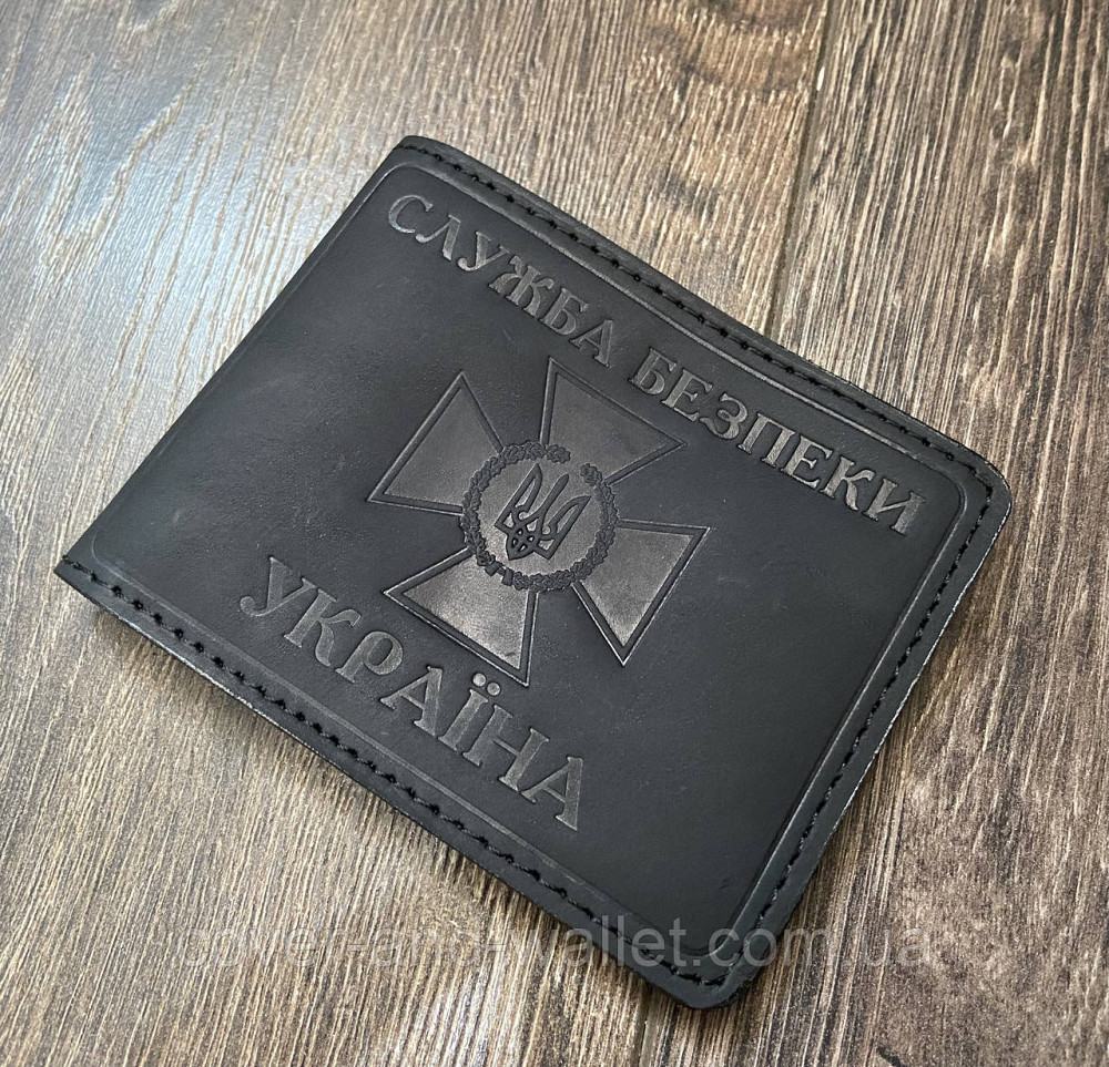Шкіряна обкладинка на посвідчення СБУ із шевроном Чорний Crazy Київ - фото 1