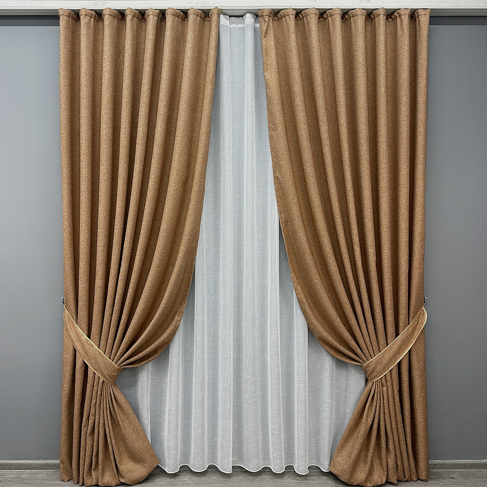 Комплект штор VR-Textil лен премиум ELEMENTA 100х270 2шт и Тюль 400х270 1865ш-115т светло-коричневый с белым 71-071/2 Киев - изображение 1
