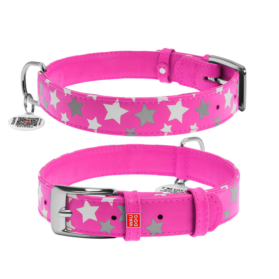 Нашийник для собак шкіряний WAUDOG Glamour з QR паспортом, візерунок "Зірочка", світлонакопичув Коломыя - изображение 2
