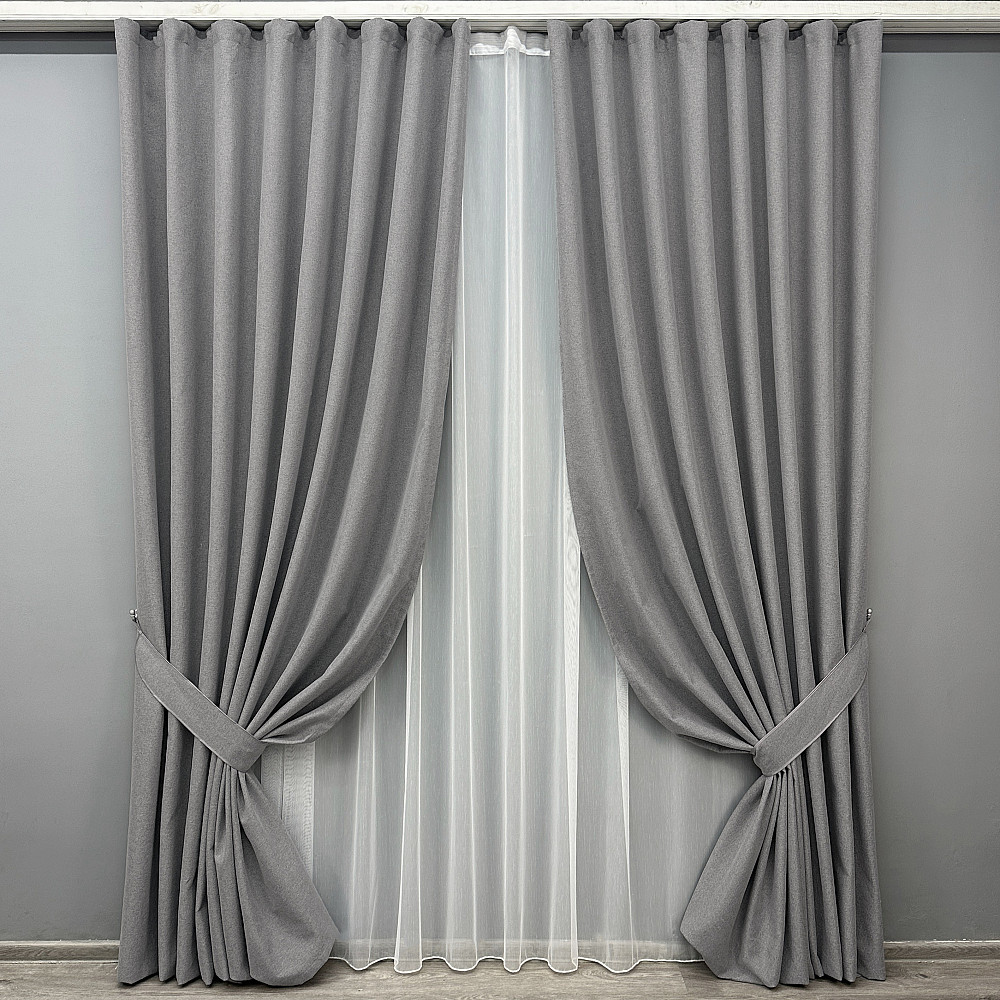 Комплект штор VR-Textil 100% блекаут ASHEN NIGHT 150х270 2шт і Тюль 400х270 1851ш-1153т сірий з білим 71-092/3 Київ - фото 1