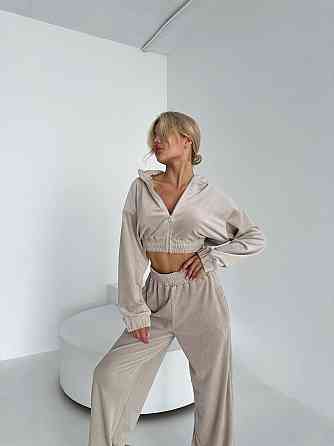 Женский велюровый прогулочный костюм двойка: кофта и брюки Бежевый, 44/46 Одесса