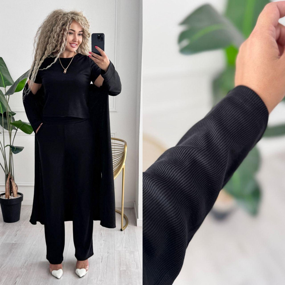 Женский базовый прогулочный костюм тройка: кардиган футболка и штаны трикотажный рубчик Черный, 46/48 Одесса - изображение 9