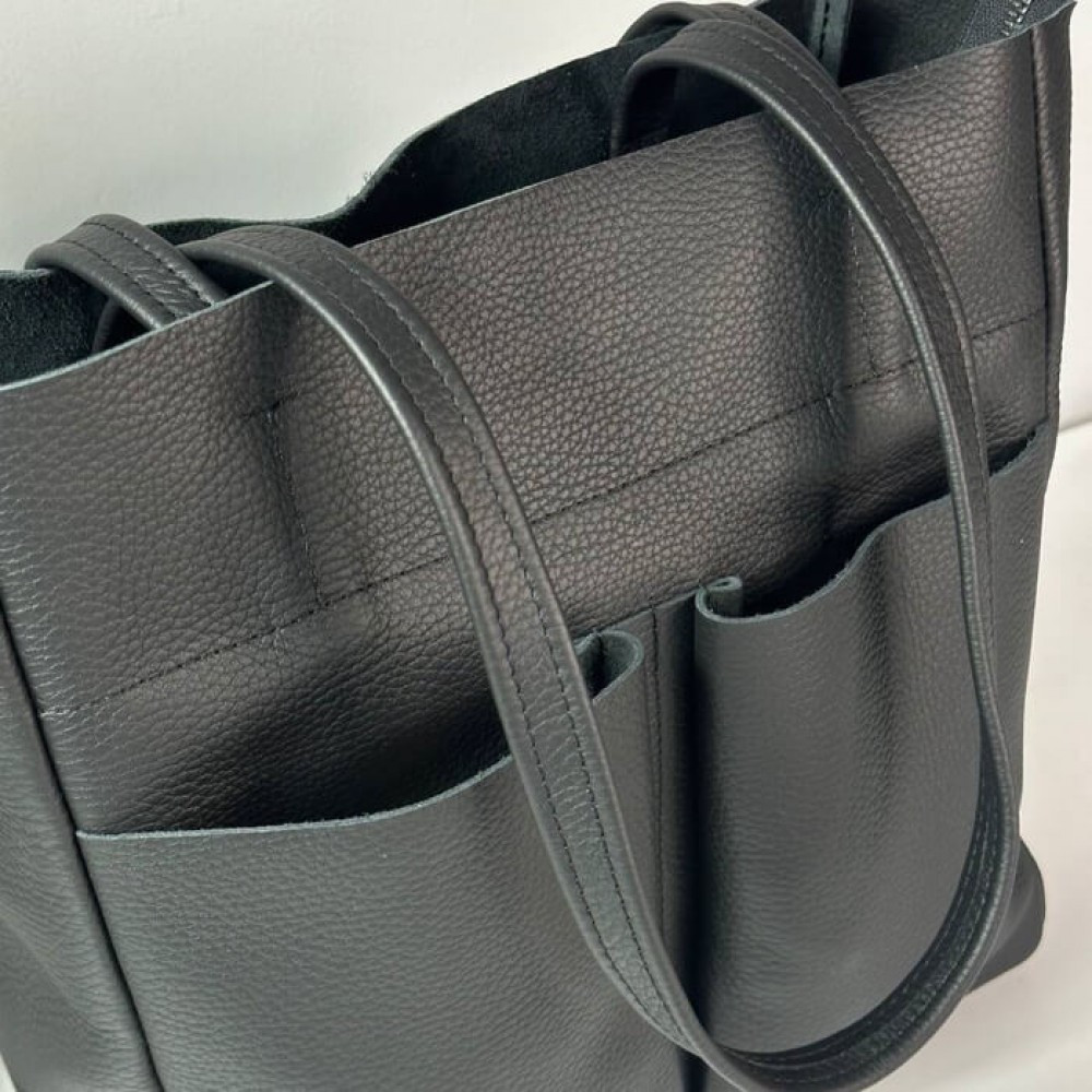 Сумка тоут кожаная большая женская Юта Чёрная 28*30*12 см, сумка шопер чёрная стильная с карманамиMasterSem Киев - изображение 3