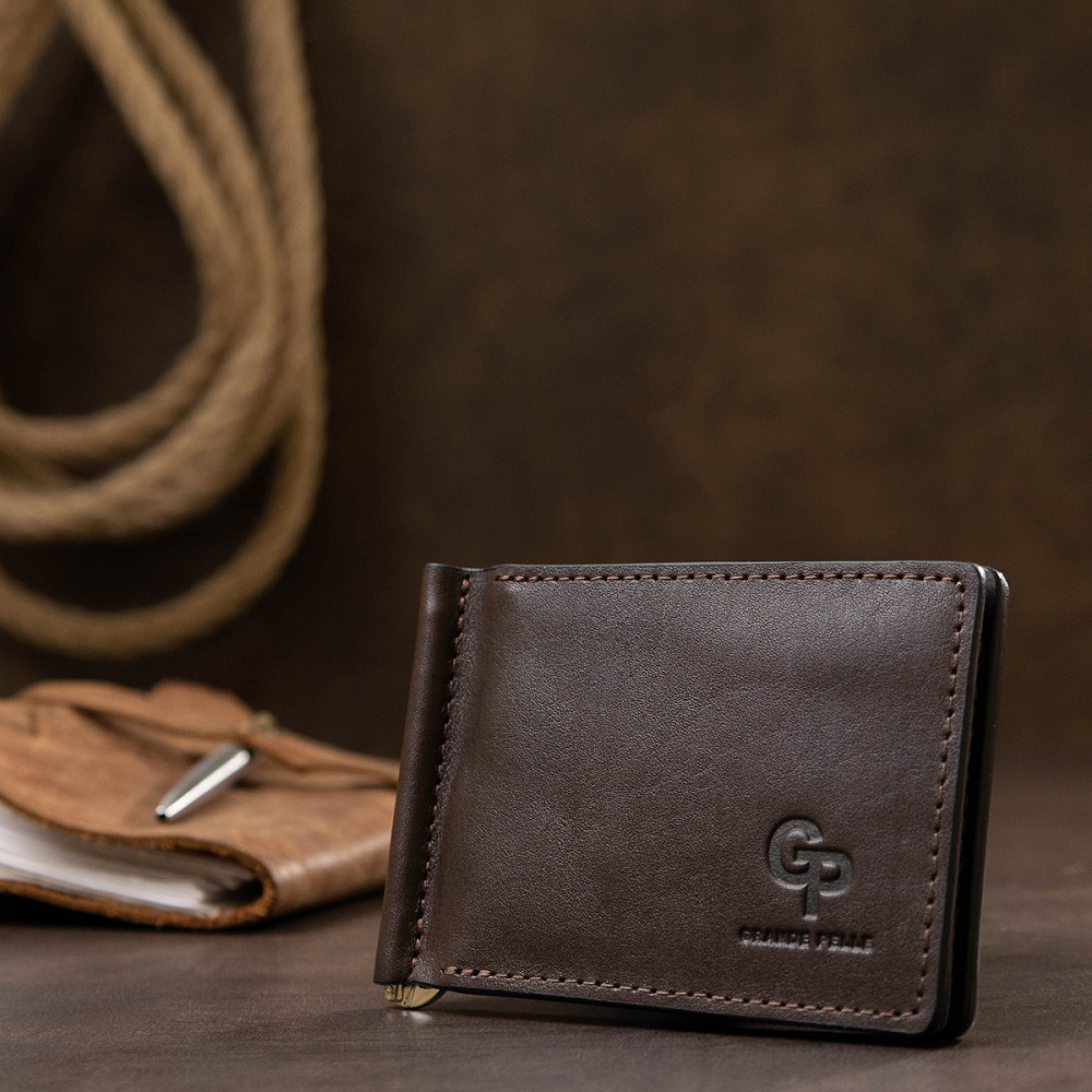 Кожаный мужской зажим для денег с монетницей GRANDE PELLE 11547 Коричневый Киев - изображение 7