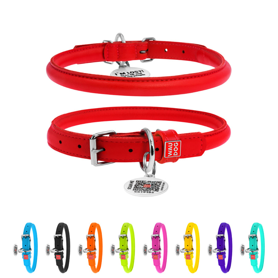Нашийник для собак шкіряний WAUDOG Glamour з QR паспортом, круглий, Д 10 мм, Дов 33-41 см черво Коломыя - изображение 1