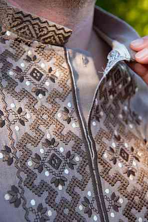 Вышиванка льняная мужская, длинный рукав, кофейная,( лен ) топ Киев