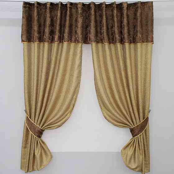 Кухонные шторы VR-Textil № 073к с ламбрекеном и подхватами золотистый с коричневым 275х170 см (52-0049) Киев