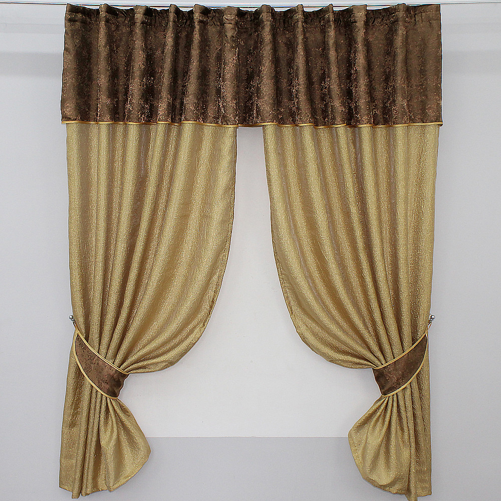 Кухонные шторы VR-Textil № 073к с ламбрекеном и подхватами золотистый с коричневым 275х170 см (52-0049) Киев - изображение 1