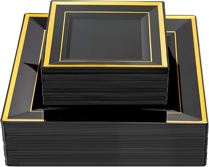 Набір тарілок пластикових 12 шт, десертні 16.5 см і обідні 24 см, квадратні, чорні з золотистим контуром Кам'янець-Подільський - фото 10