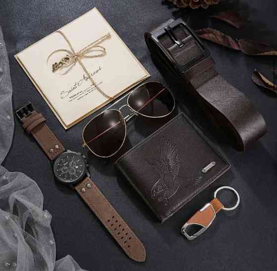 Подарунковий набір для чоловіків 6 в 1 годинник окуляри конверт ремінь гаманець брелок коричневий Київ