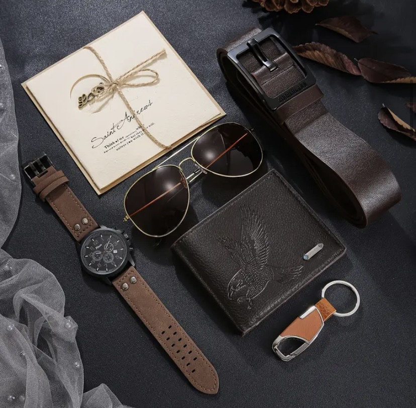 Подарунковий набір для чоловіків 6 в 1 годинник окуляри конверт ремінь гаманець брелок коричневий Київ - фото 2