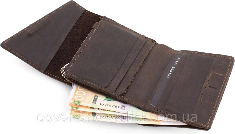 Компактный коричневый кошелёк в три сложении из итальянской кожи на магните Grande Pelle 910420 Киев - изображение 6