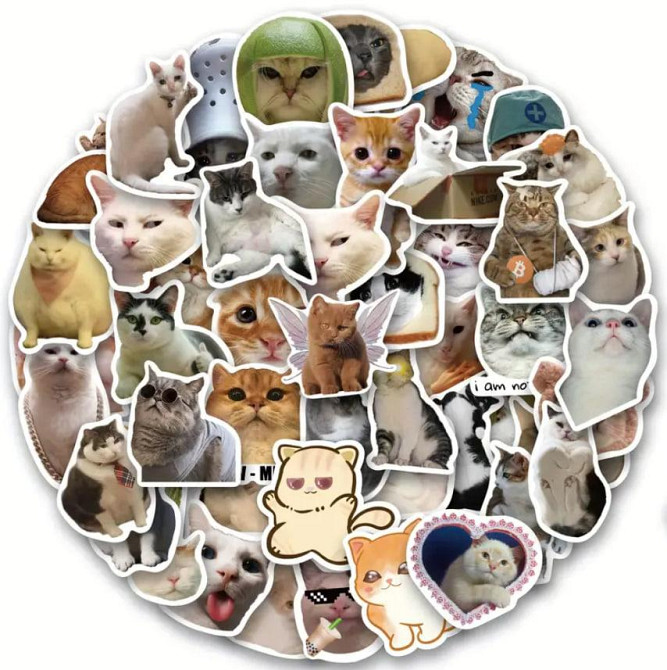 Стикеры с котами. Водонепроницаемые виниловые эстетические наклейки, набор 50 штук. Киев - изображение 1