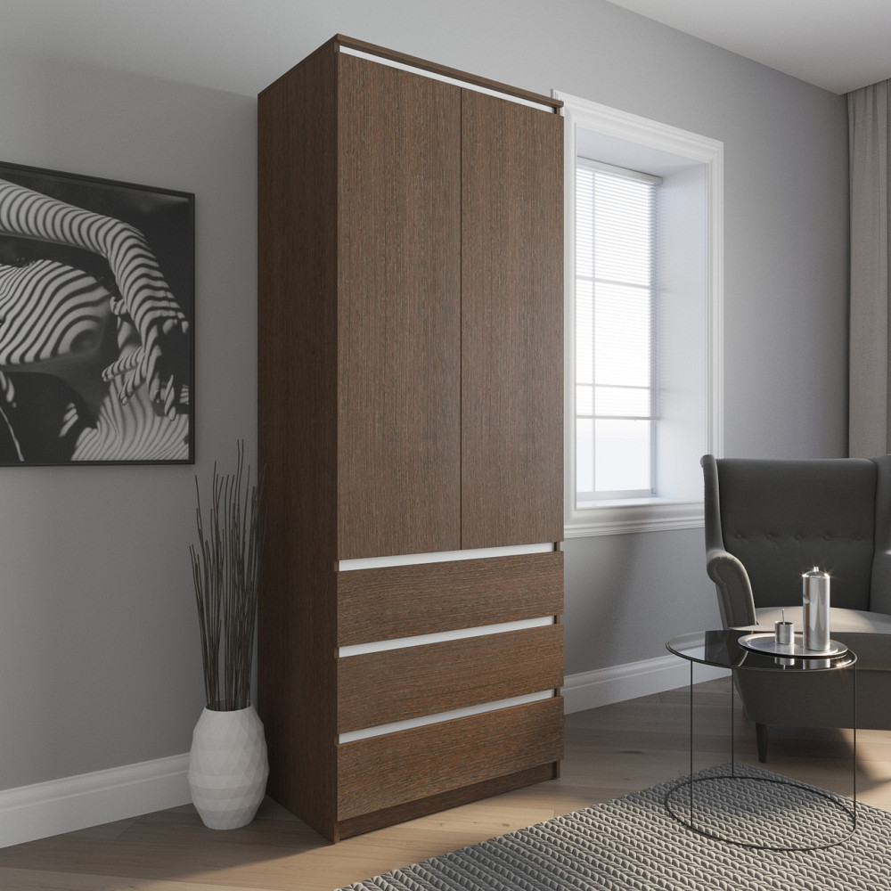 Шафа для одягу VAYS R-9 Венге Темний-Білі планки, 3 шухляди, штанга, без ручок, ЛДСП, 80×50×211 см – для спальні, вітальні, передпокою Львів - фото 1