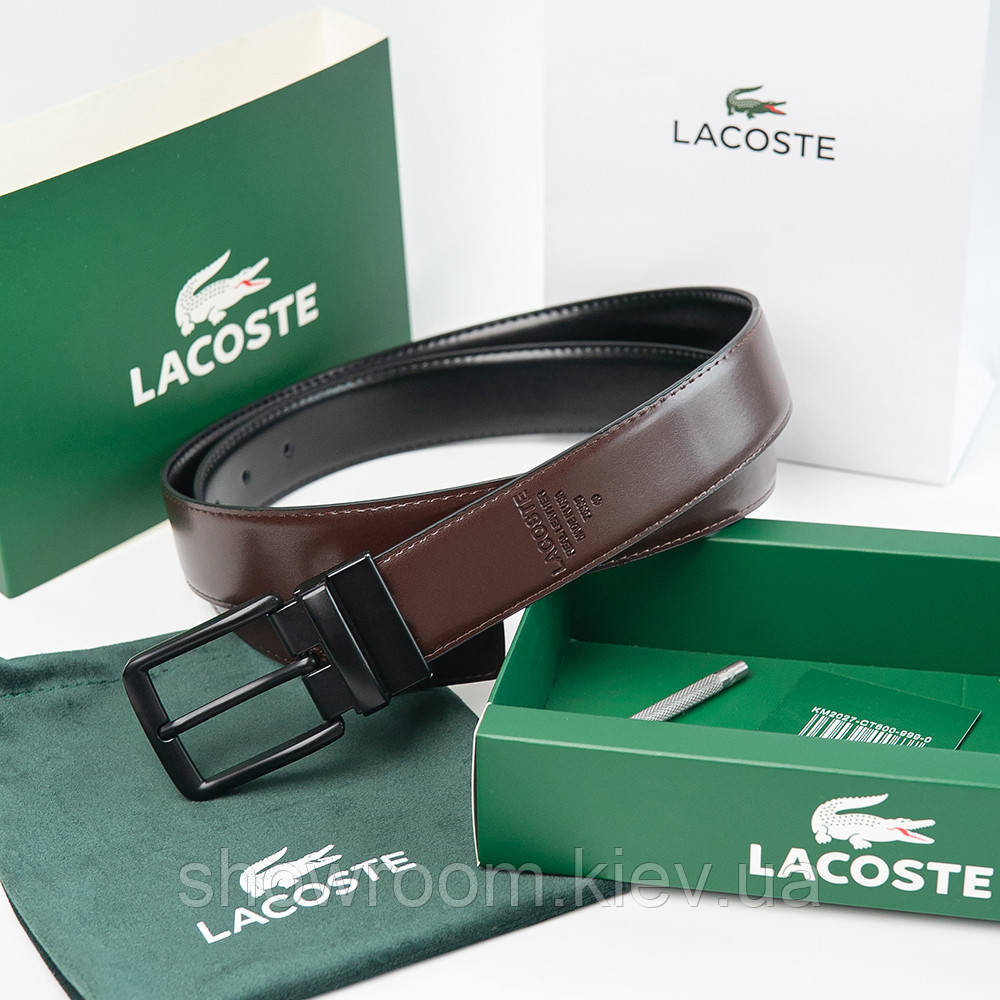 Чоловічий шкіряний двосторонній ремінь із чорною пряжкою Lacoste (984) Київ - фото 4